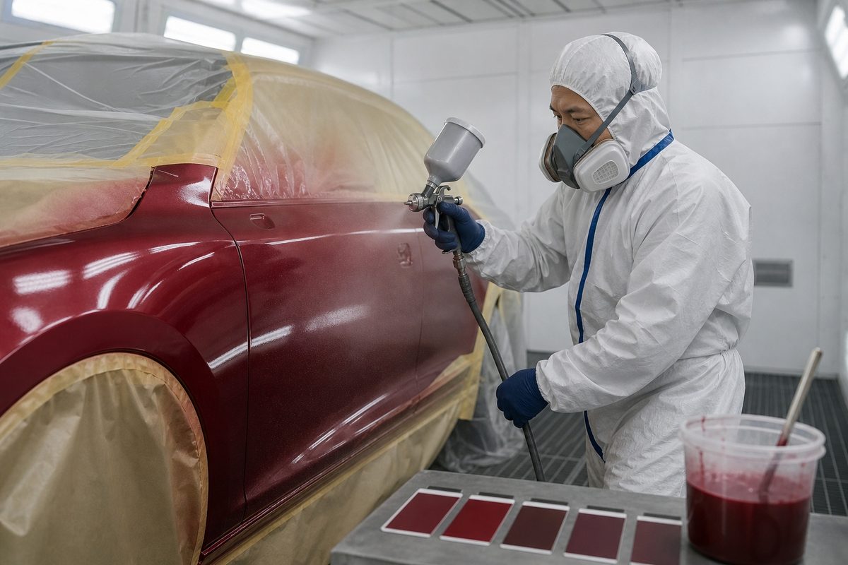 スプレーガンで車体パネルに塗装している作業のイメージ