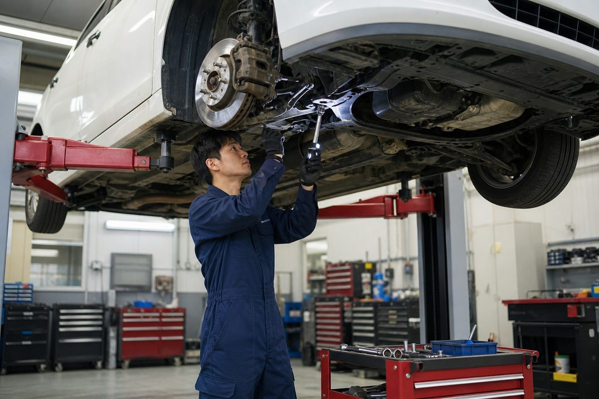 リフトで上げた車の下回りを点検している作業のイメージ